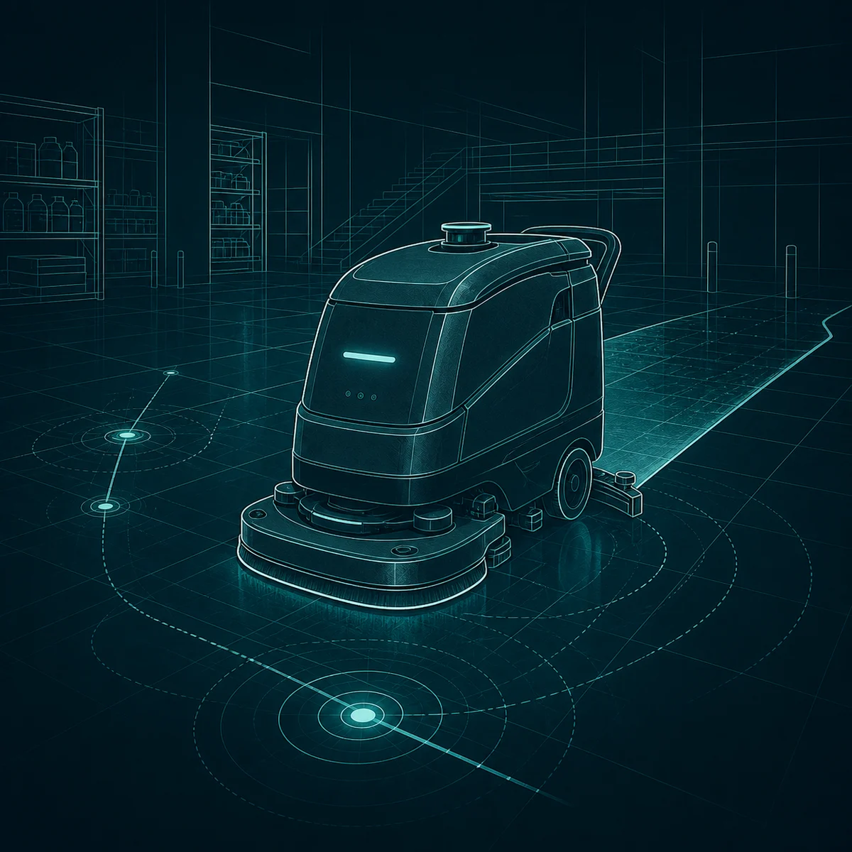Technische Linienillustration eines autonomen Reinigungsroboters auf einer Gewerbefläche (KI-generiert)