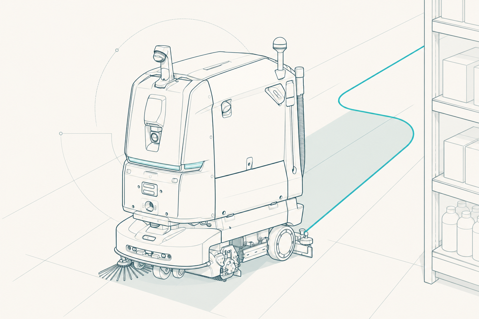 Technische Linienillustration eines autonomen Reinigungsroboters (KI-generiert)