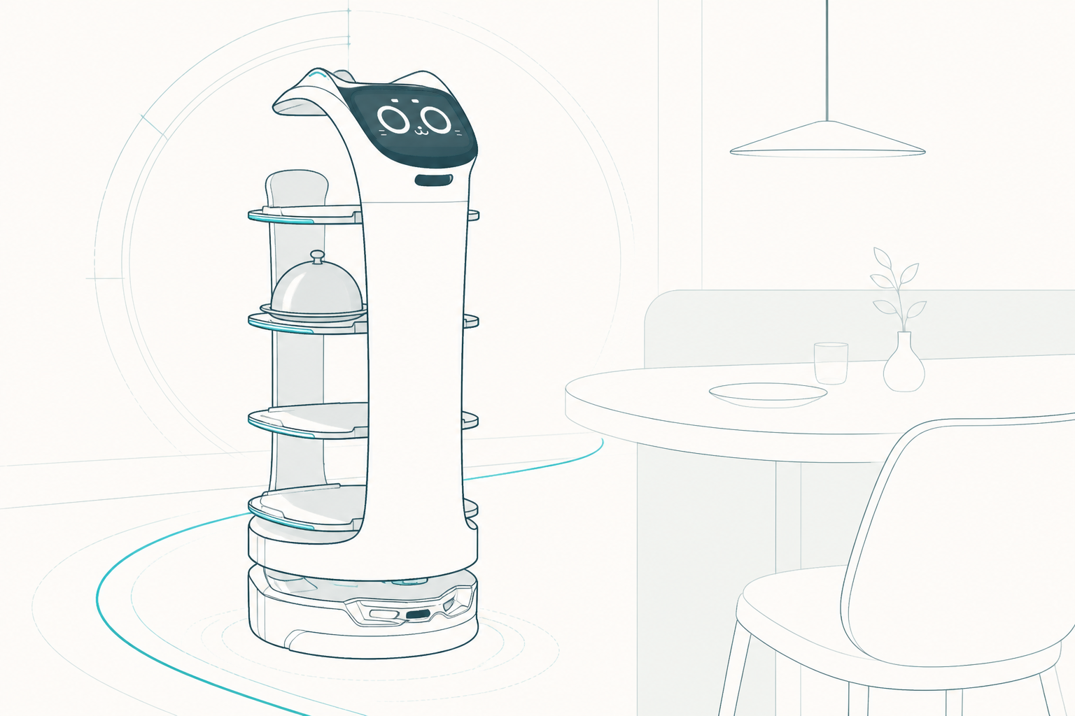 Technische Linienillustration eines Serviceroboters in der Gastronomie (KI-generiert)