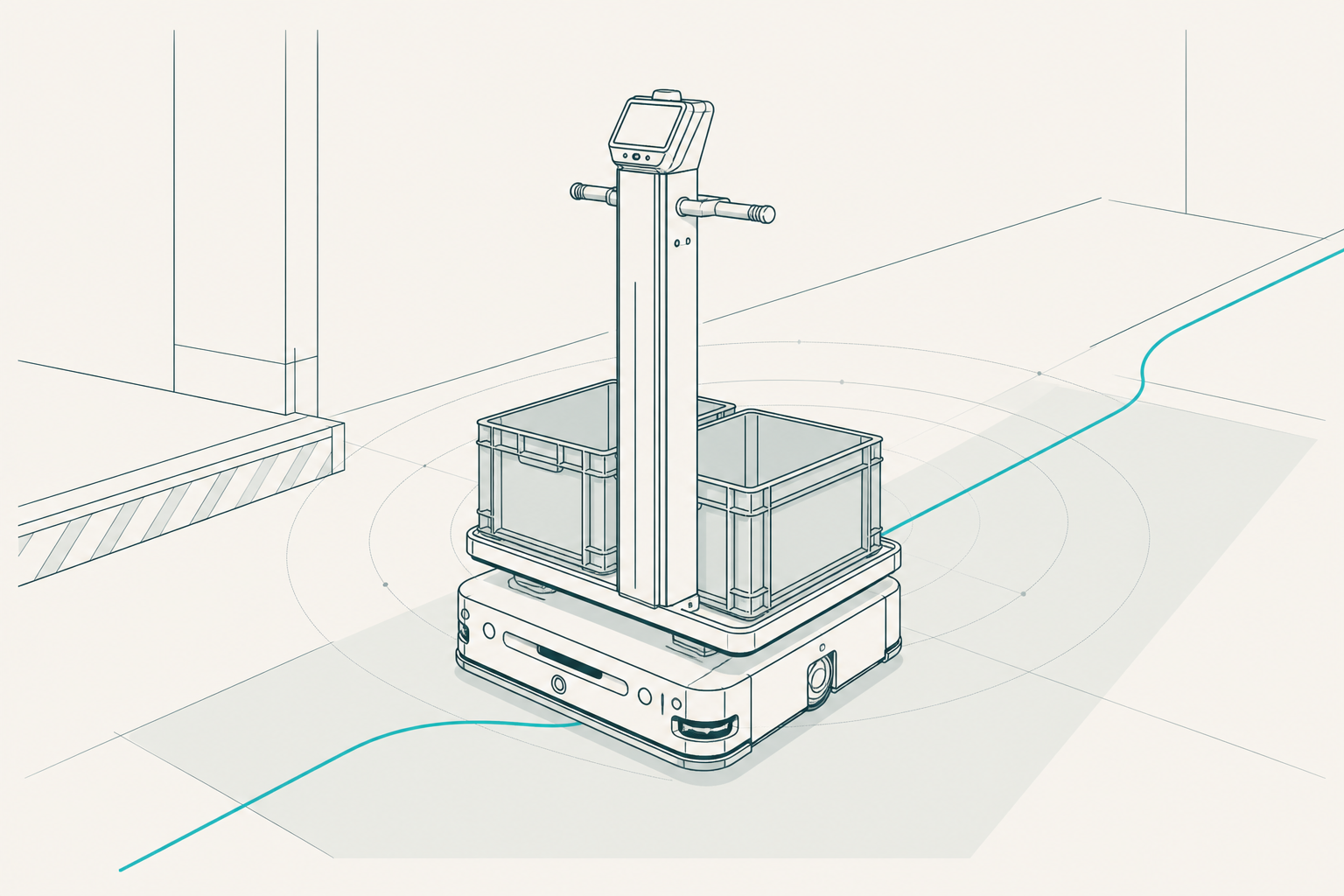 Technische Linienillustration eines Transportroboters in der Industrie (KI-generiert)