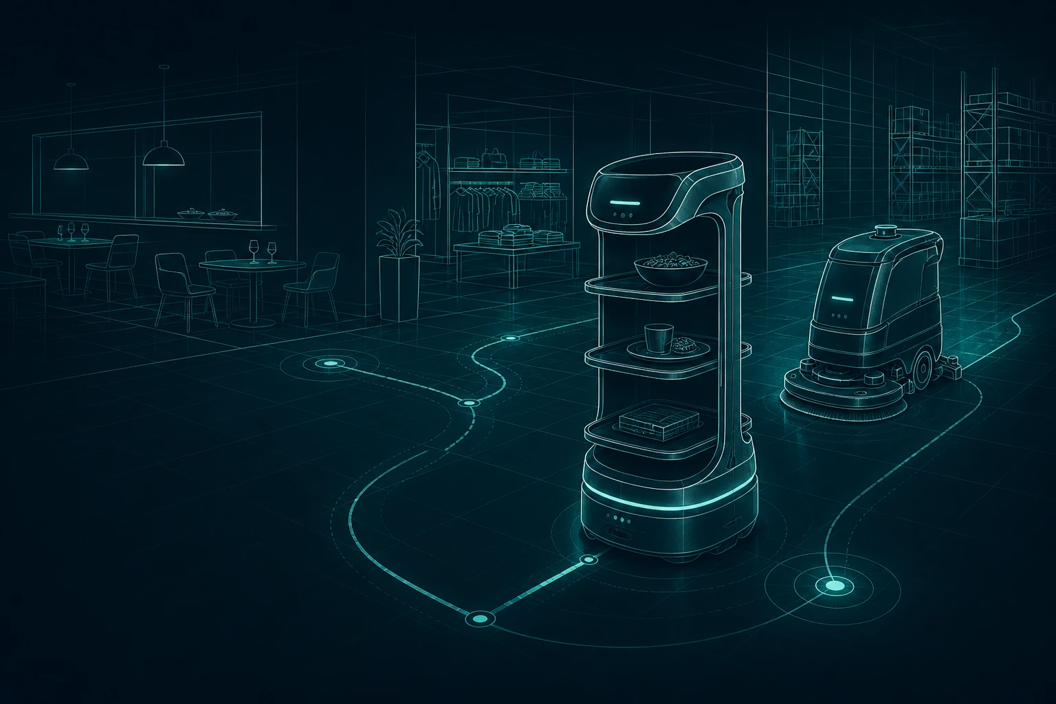 Technische Linienillustration von Service- und Reinigungsrobotik in mehreren gewerblichen Einsatzbereichen (KI-generiert)
